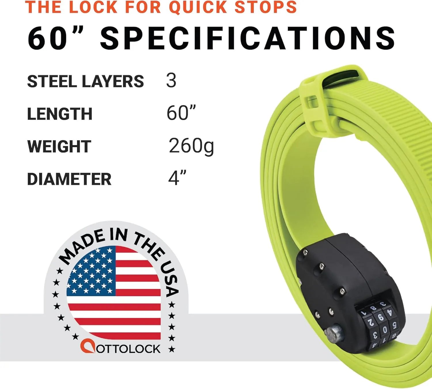 OTTOLOCK Cinch Lock - Lightweight Anti Theft Compact Combination Bike Lock, Ideal for Quick Stops, Bicycle Accessories, Flash Green, 60 Inch