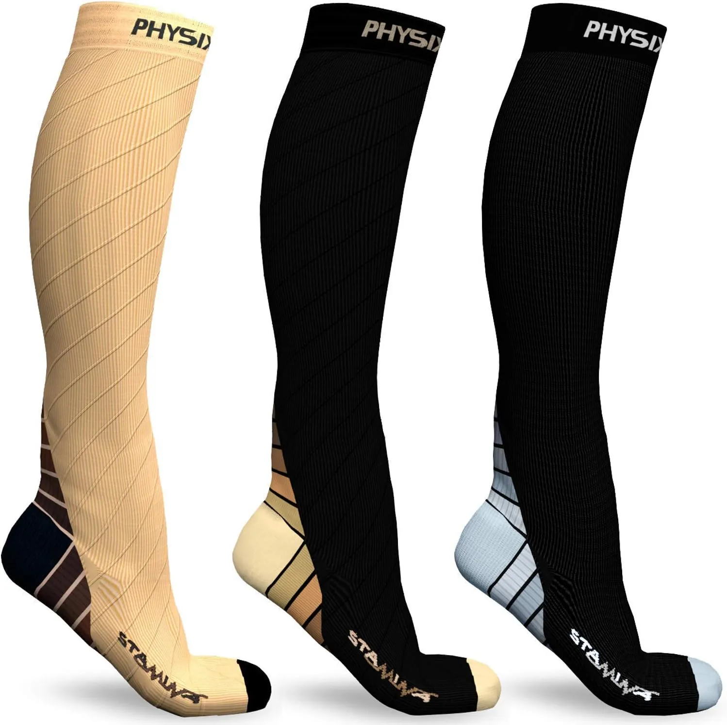 Physix Gear Sport 3 Pairs of Compression Socks for Men & Women in (Black/Grey   Black/Beige   Nude Beige) L-XL Size
