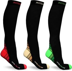 Physix Gear Sport 3 Pairs of Compression Socks for Men & Women in (Black/Red   Black/Green   Black/Beige) L-XL Size