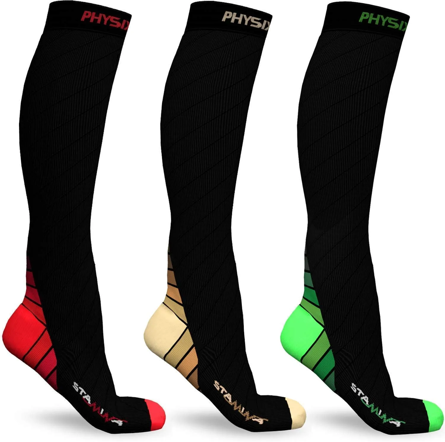 Physix Gear Sport 3 Pairs of Compression Socks for Men & Women in (Black/Red   Black/Green   Black/Beige) L-XL Size