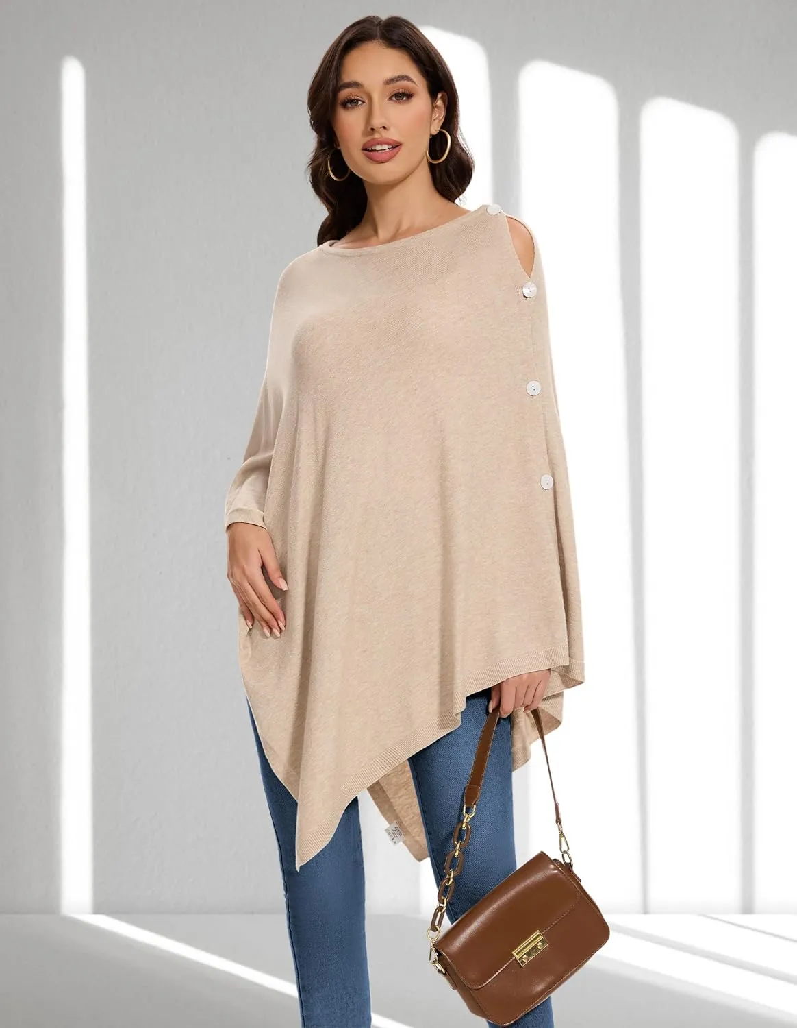 PULI Womens Shawl Wraps Scarf Button Poncho Sweater Cable Knit Oversize Versatile Cardigan Cape for Spring Fall Winter