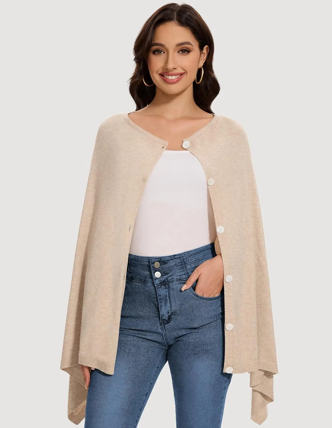 PULI Womens Shawl Wraps Scarf Button Poncho Sweater Cable Knit Oversize Versatile Cardigan Cape for Spring Fall Winter