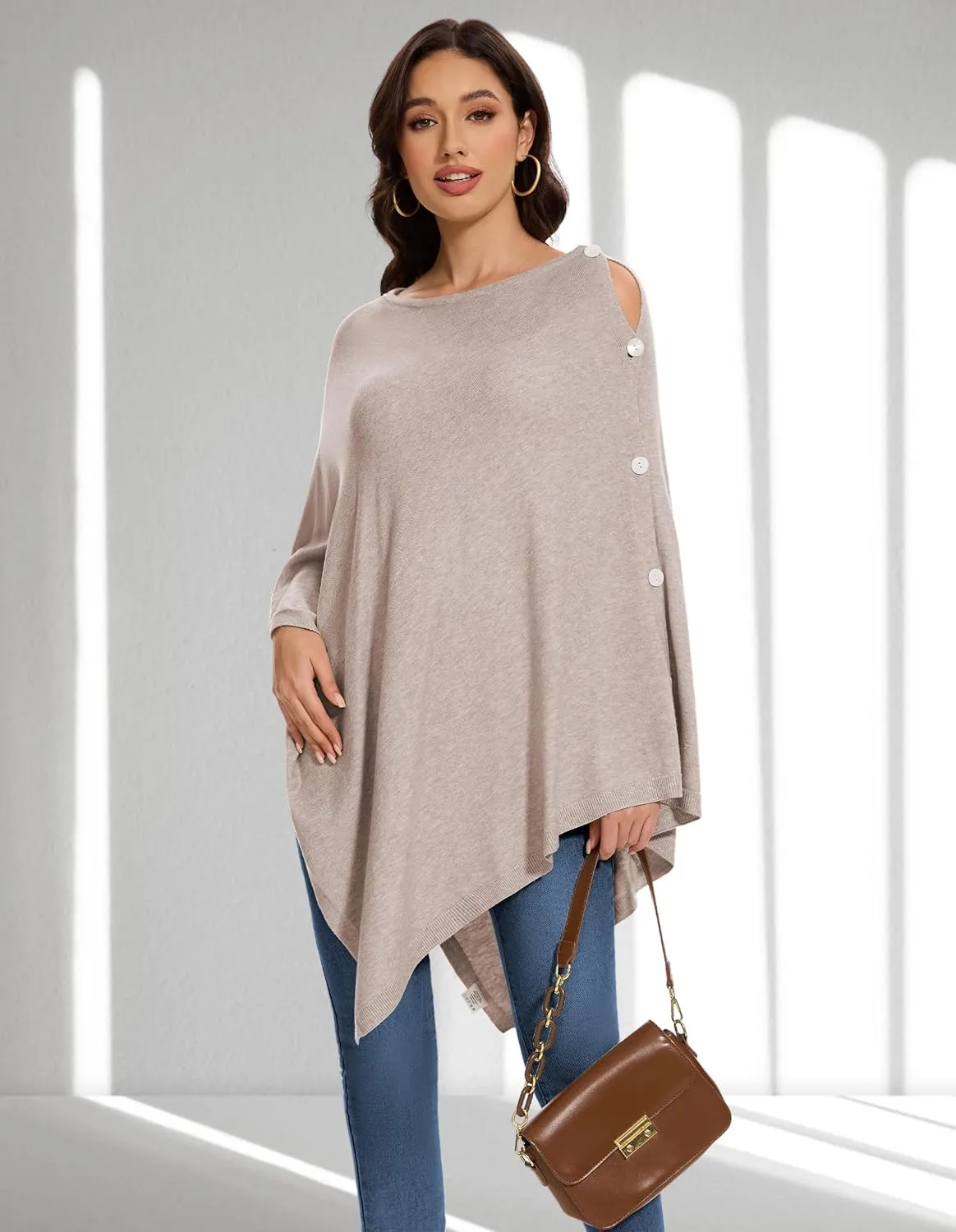 PULI Womens Shawl Wraps Scarf Button Poncho Sweater Cable Knit Oversize Versatile Cardigan Cape for Spring Fall Winter