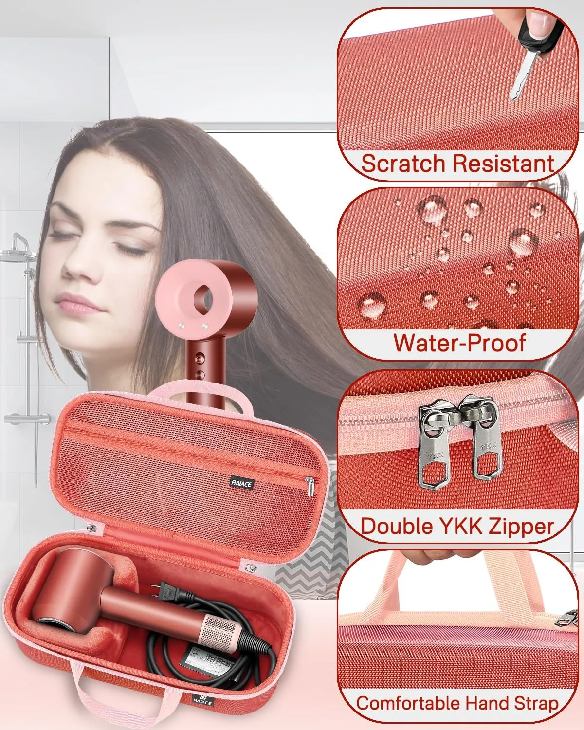 RAIACE Hard Storage Case Compatible with dyson Hair Dryer, Travel Carrying Bag. (for sale is case only). - Bronze red