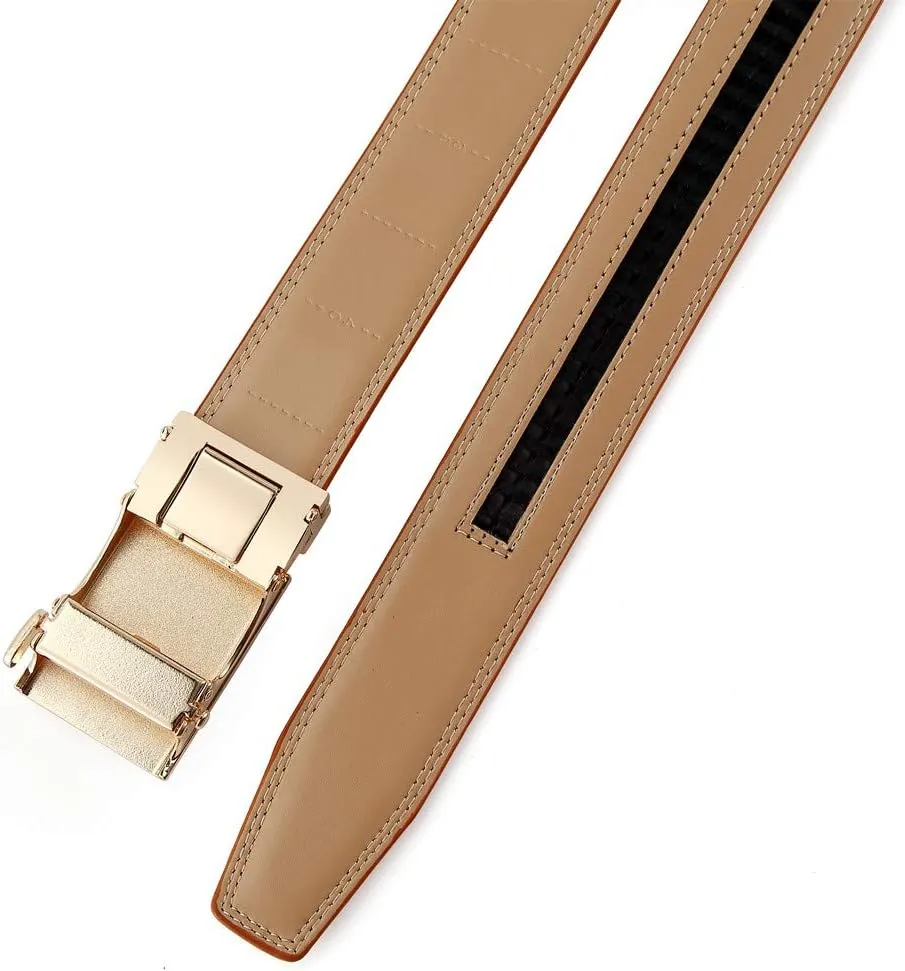 Ratchet Belt for Men, Leather Dress Casual Belt with Adjustable Buckle-Trim to fit-35cm wide