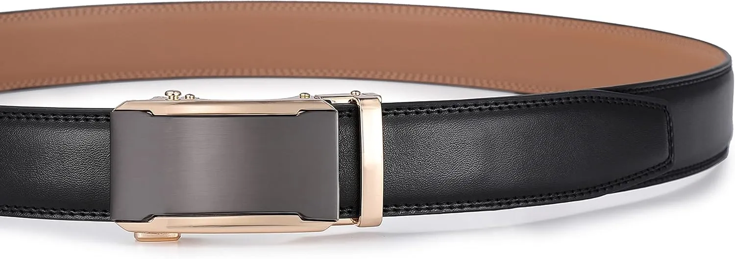 Ratchet Belt for Men, Leather Dress Casual Belt with Adjustable Buckle-Trim to fit-35cm wide
