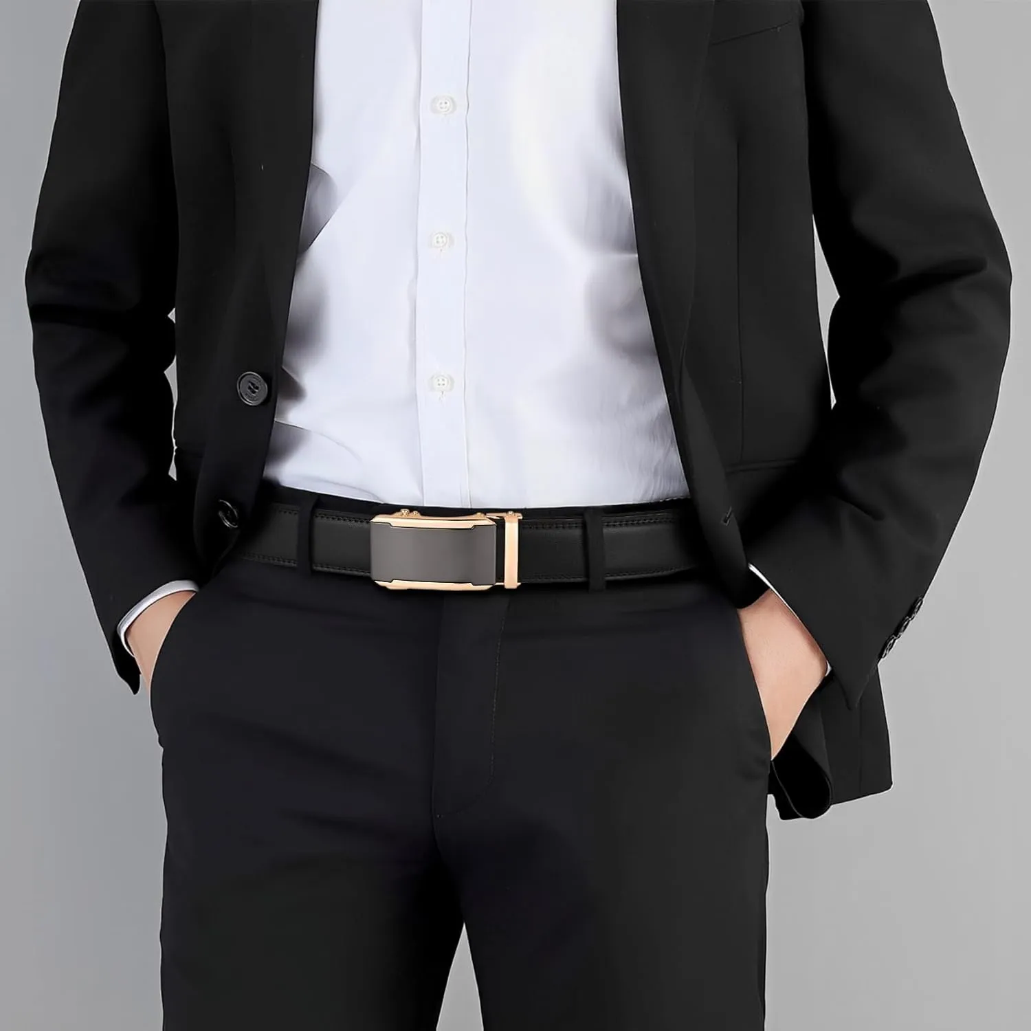 Ratchet Belt for Men, Leather Dress Casual Belt with Adjustable Buckle-Trim to fit-35cm wide