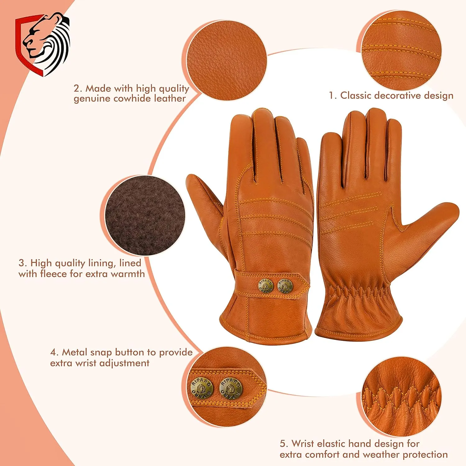 Riparo Winter Gloves for Men, Leather Winter Gloves for Cold Weather, Snow Gloves for Motorcycle Driving Hiking Outdoor