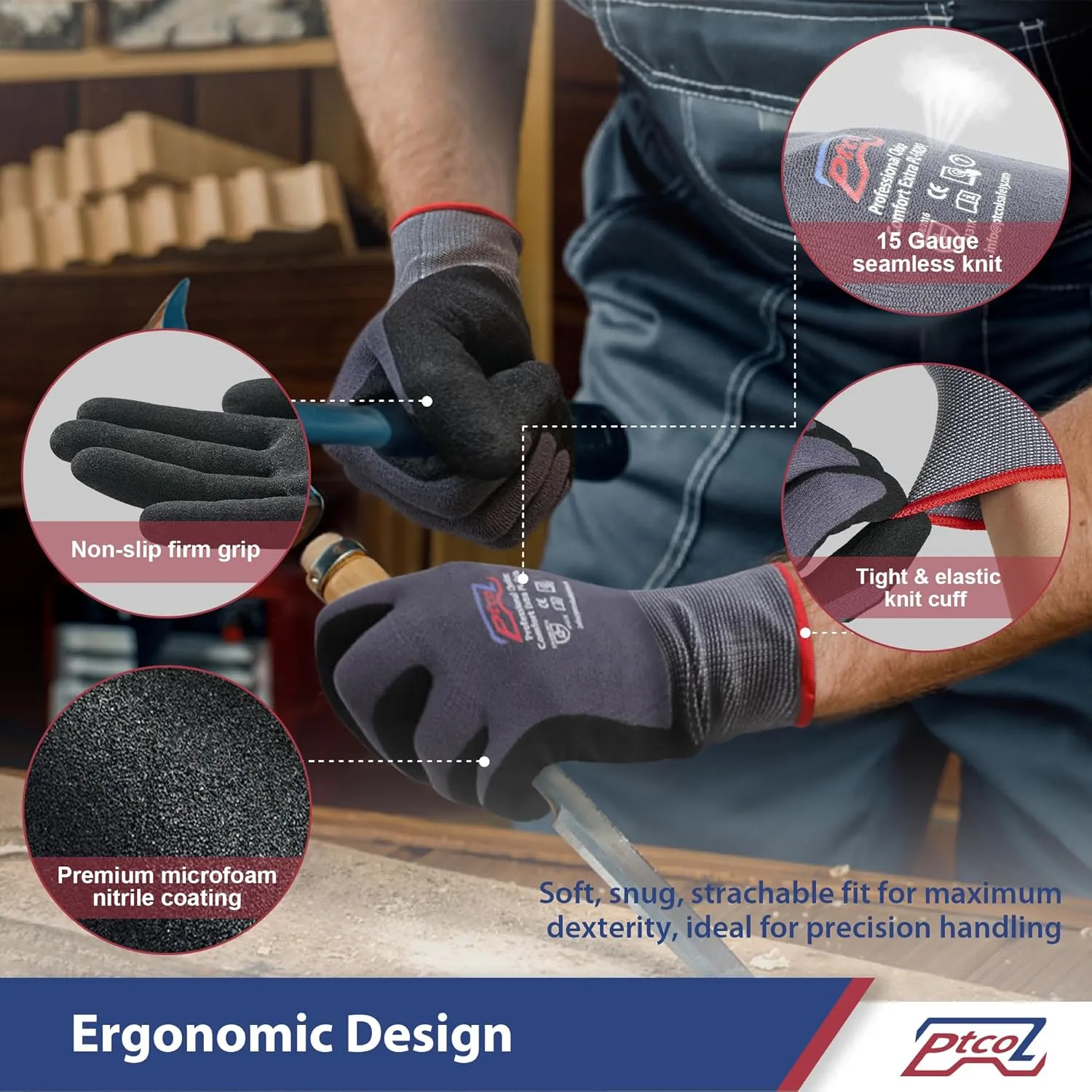 Safety Work Gloves Micro-Foam Nitrile Coated - 12 Paris, Seamless Knit Touchscreen Nylon Gloves, with Black Nitrile Grip, for Warehouse, Home Improvement, Automotive, Construction (Large)