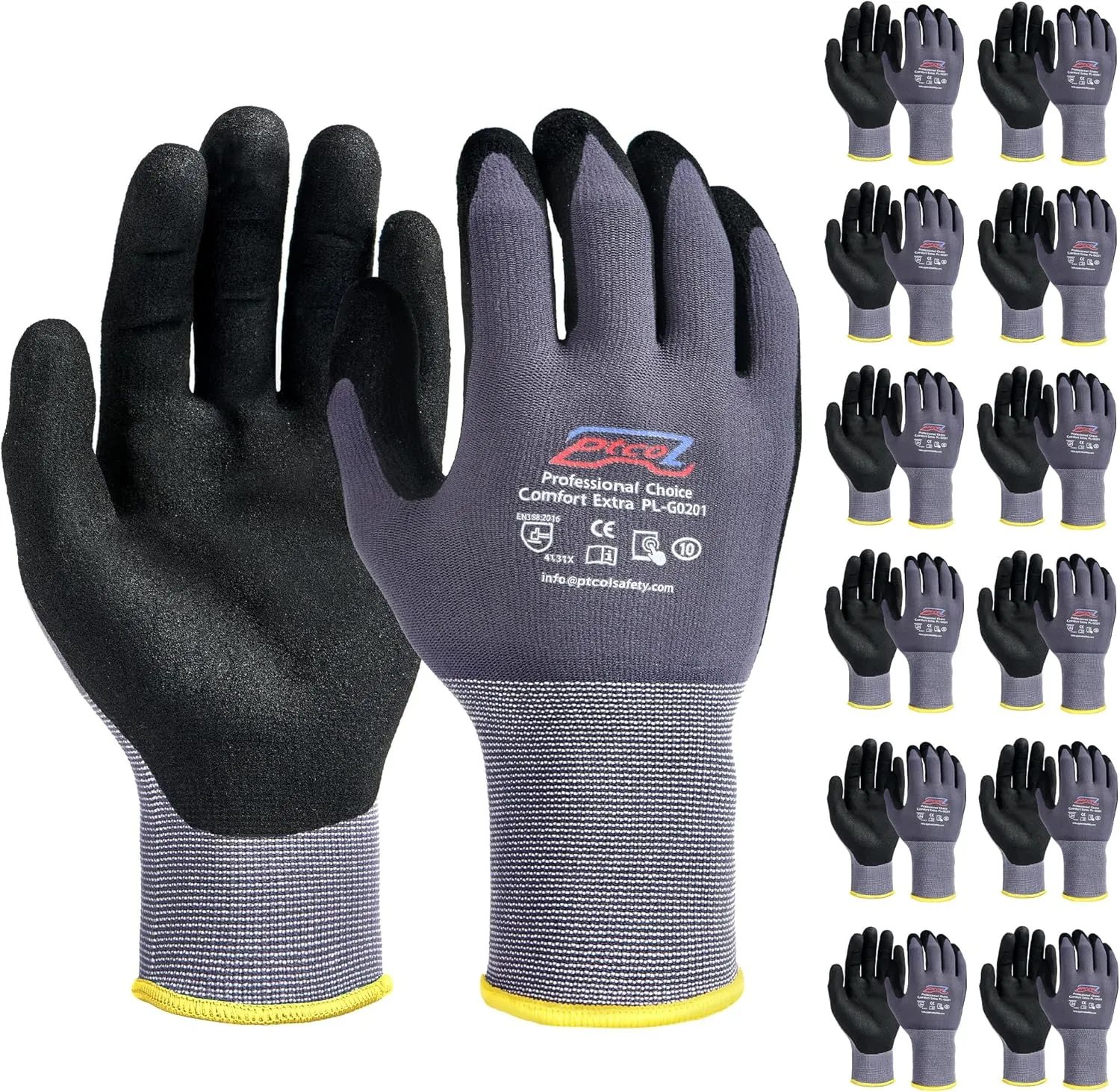 Safety Work Gloves Micro-Foam Nitrile Coated - 12 Paris, Seamless Knit Touchscreen Nylon Gloves, with Black Nitrile Grip, for Warehouse, Home Improvement, Automotive, Construction (Large)