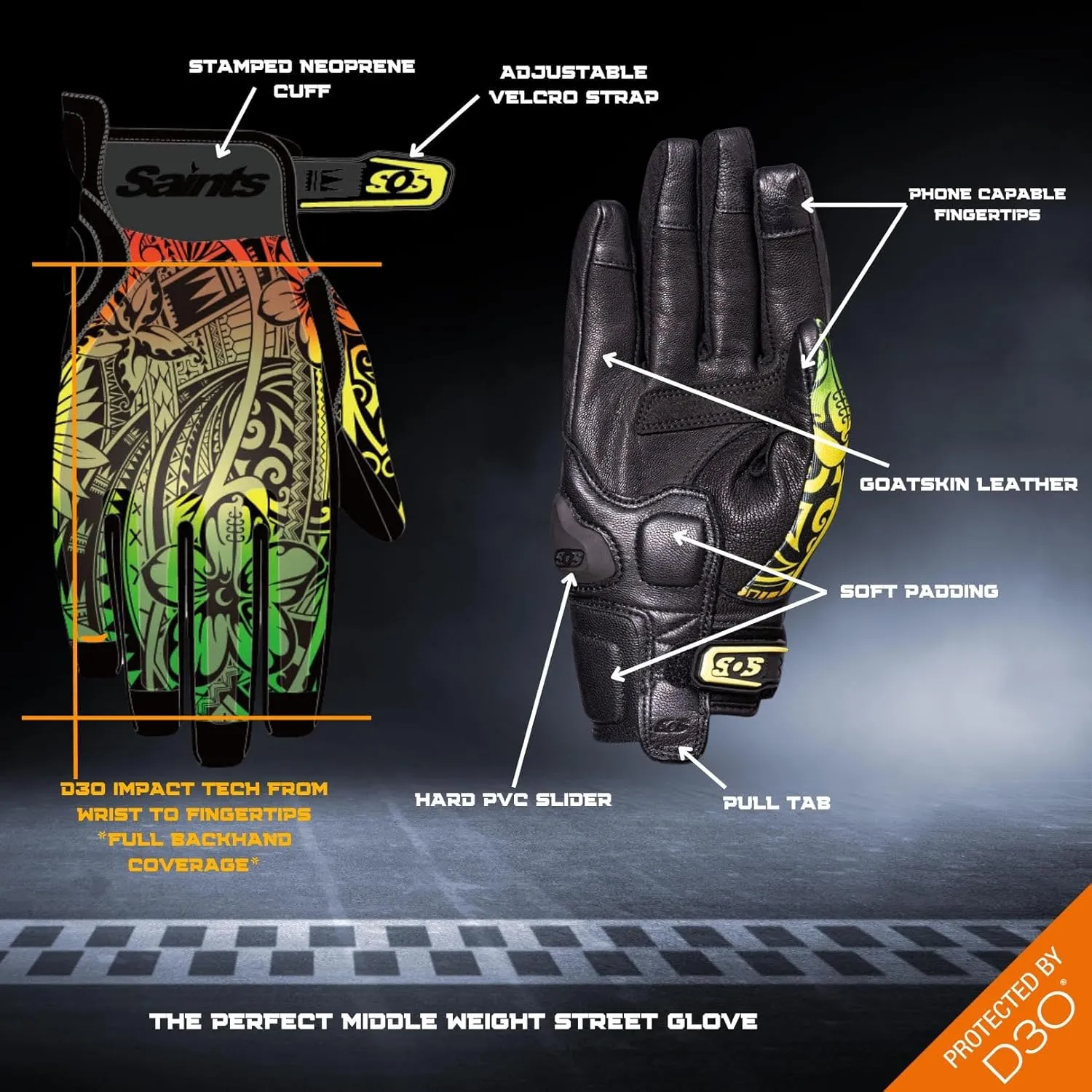 Saints of Speed Motorcycle Gloves – Street Riding Gloves with Flexible D3O Impact Protection for Knuckles, Metacarpal & Fingers, Leather Palms, Touchscreen-Capable Fingertips
