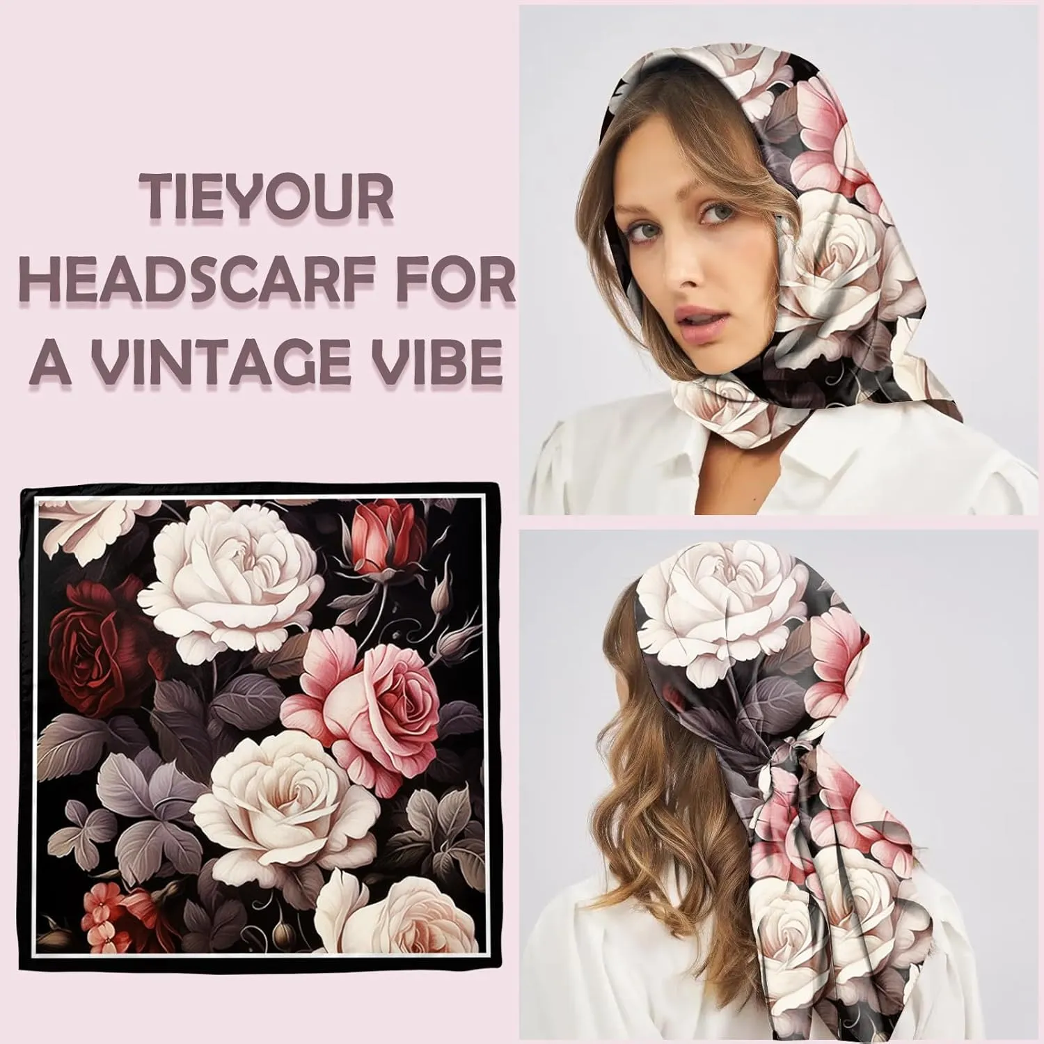 Scarf Silk Feeling Large Square Satin Head Hair Wrap Lightweight Fashion Cute Aesthetic 27.5 Inches for Women Girls