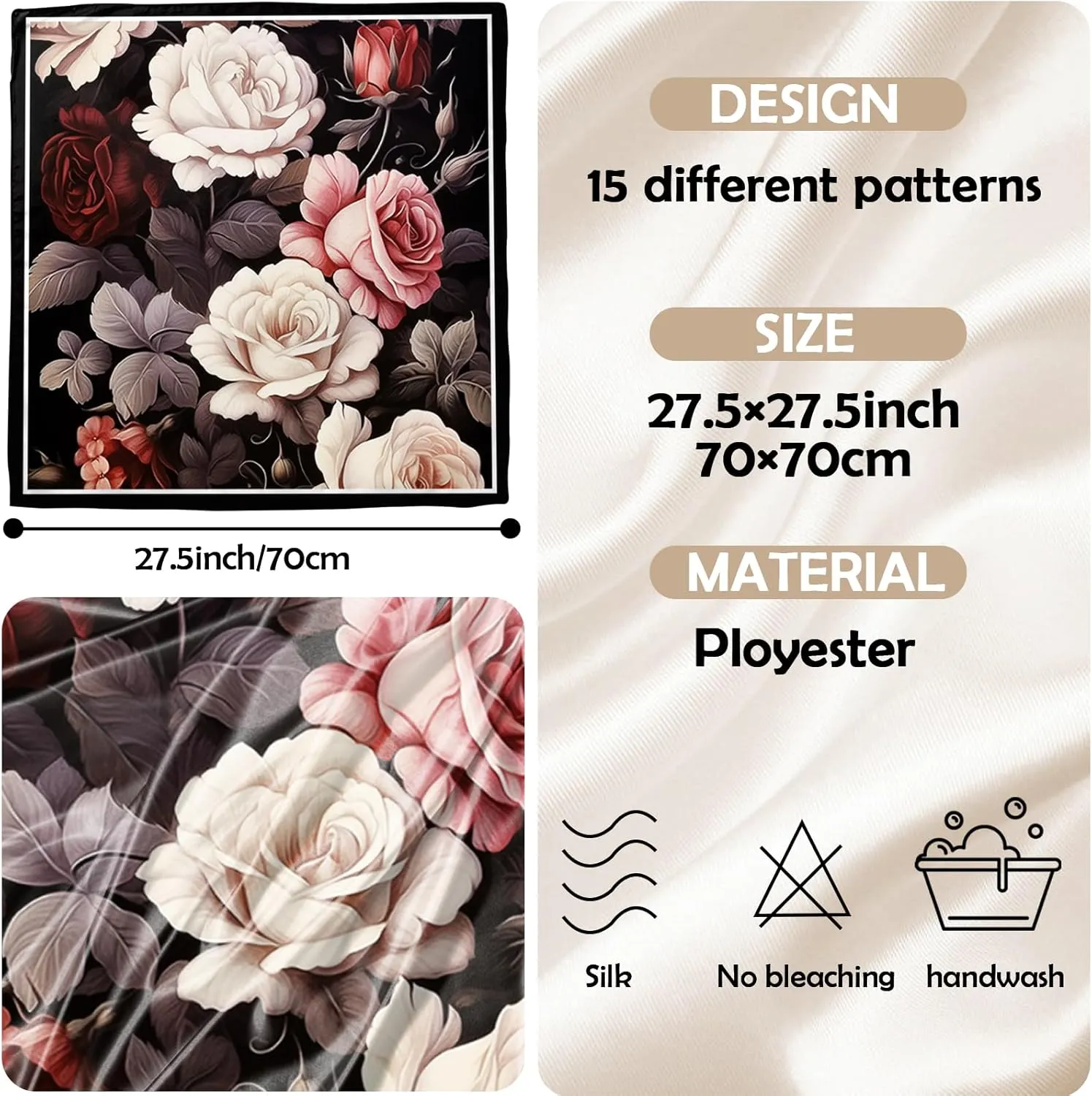 Scarf Silk Feeling Large Square Satin Head Hair Wrap Lightweight Fashion Cute Aesthetic 27.5 Inches for Women Girls