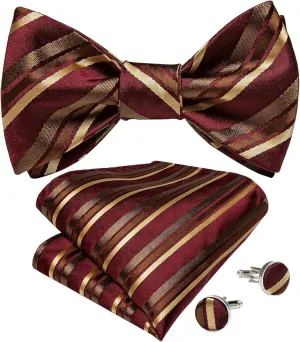 Silk Striped Bow Ties Yellow Red Bowties Hanky Cufflinks Set Suit Man Accessories Nots Self-Tie Bow Tie