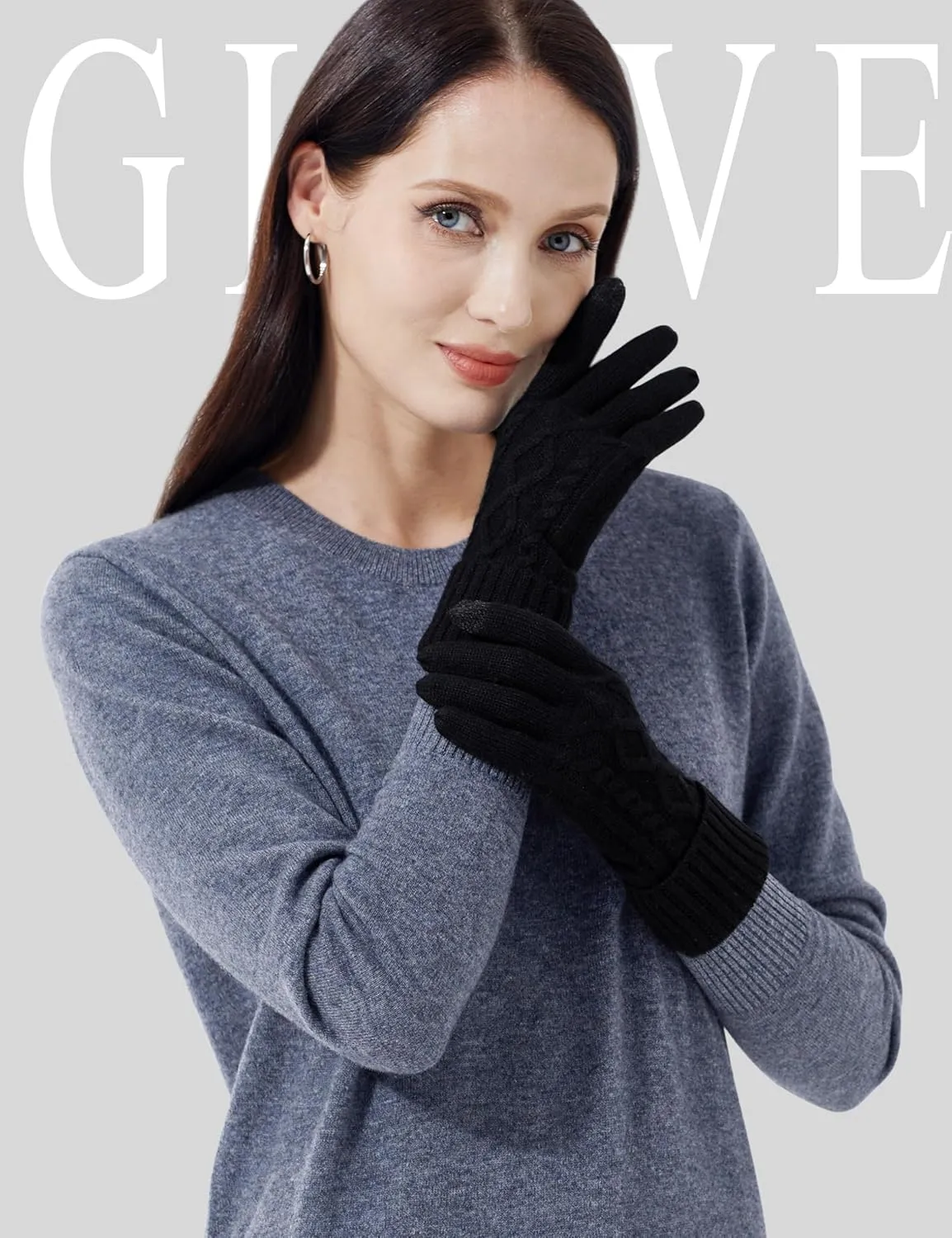 Soft Touchscreen 100% Cashmere Gloves for Women Warm Knit Gloves with Long Ribbed Cuff