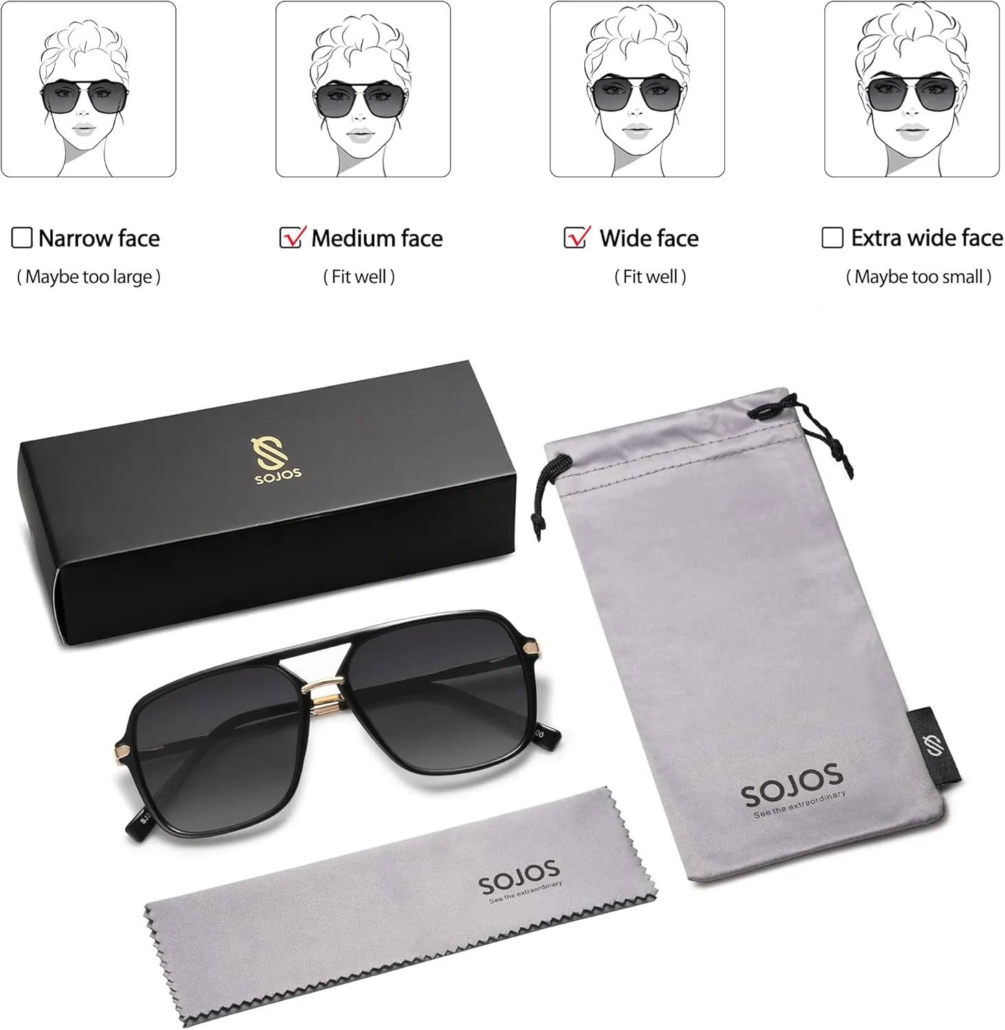 SOJOS Sunglasses for Women & Men, Square, Retro, Polarized Lens, Trendy Aviator, 90s Shades