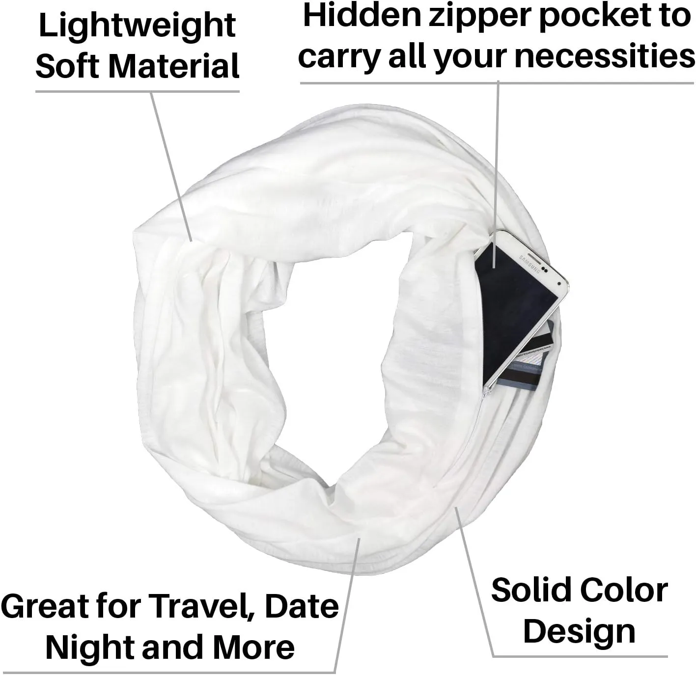 Solid Color Hidden Zipper Pocket Scarf - Fashion Scarf for Women - All Seasons