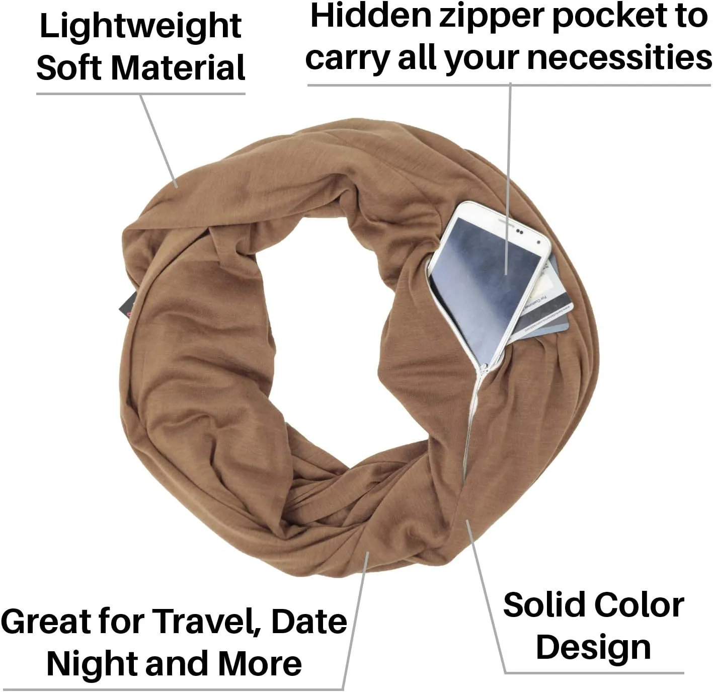 Solid Color Hidden Zipper Pocket Scarf - Fashion Scarf for Women - All Seasons