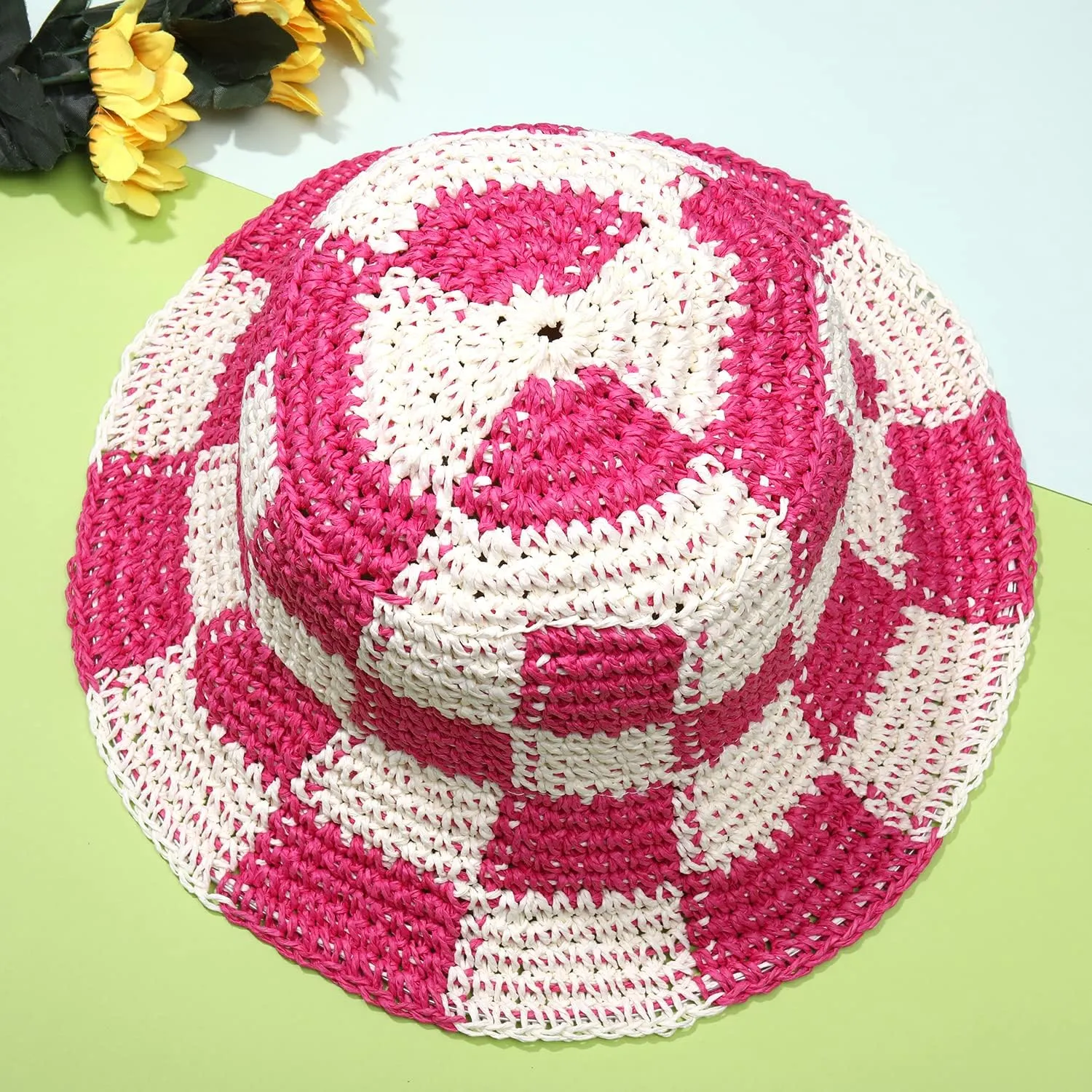 Sun Hats Checkerboard Straw Bucket Hat for Women Packable Crochet Wide Brim Floppy Beach Hats Traveling Summer Accessories
