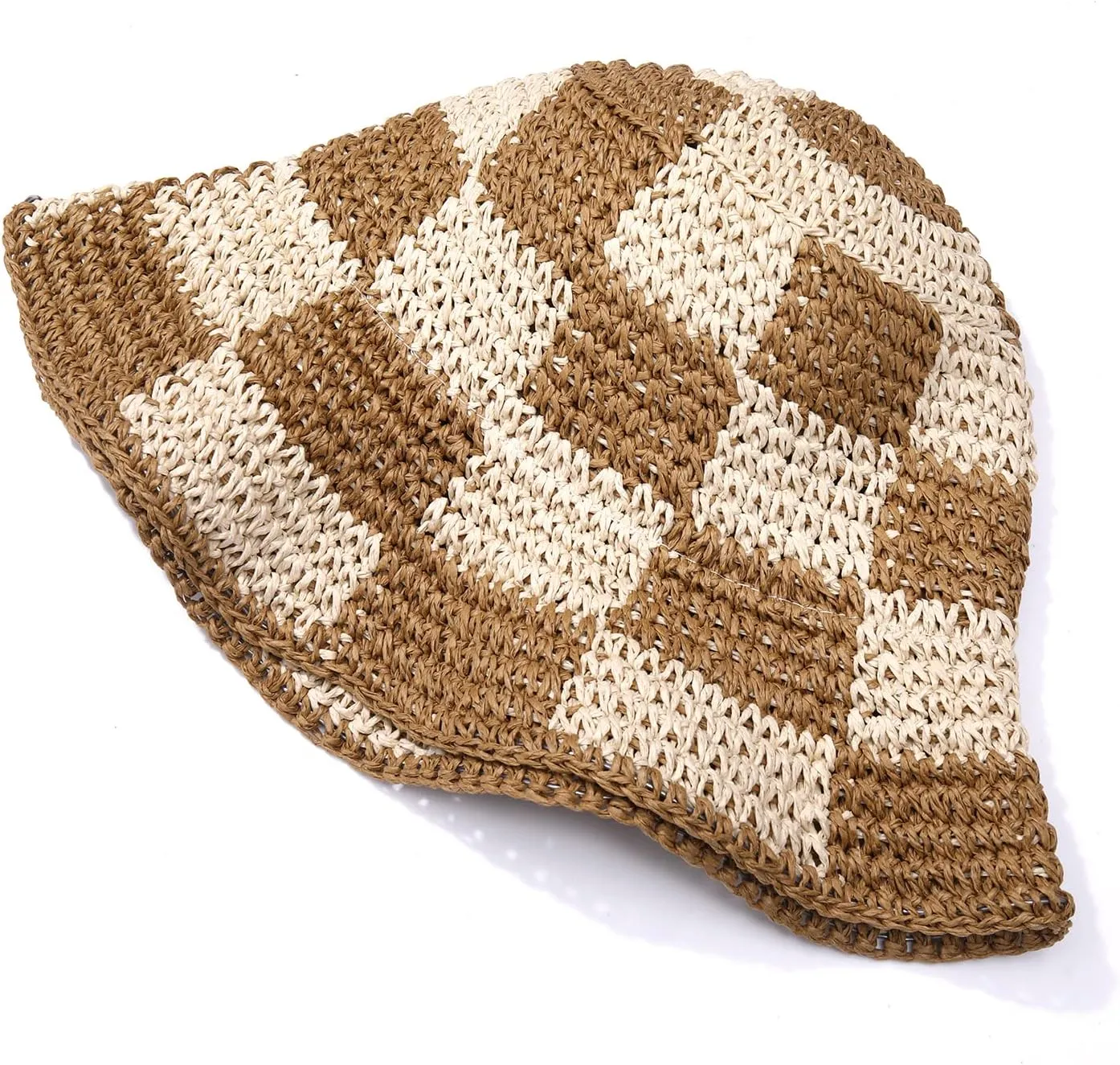 Sun Hats Checkerboard Straw Bucket Hat for Women Packable Crochet Wide Brim Floppy Beach Hats Traveling Summer Accessories