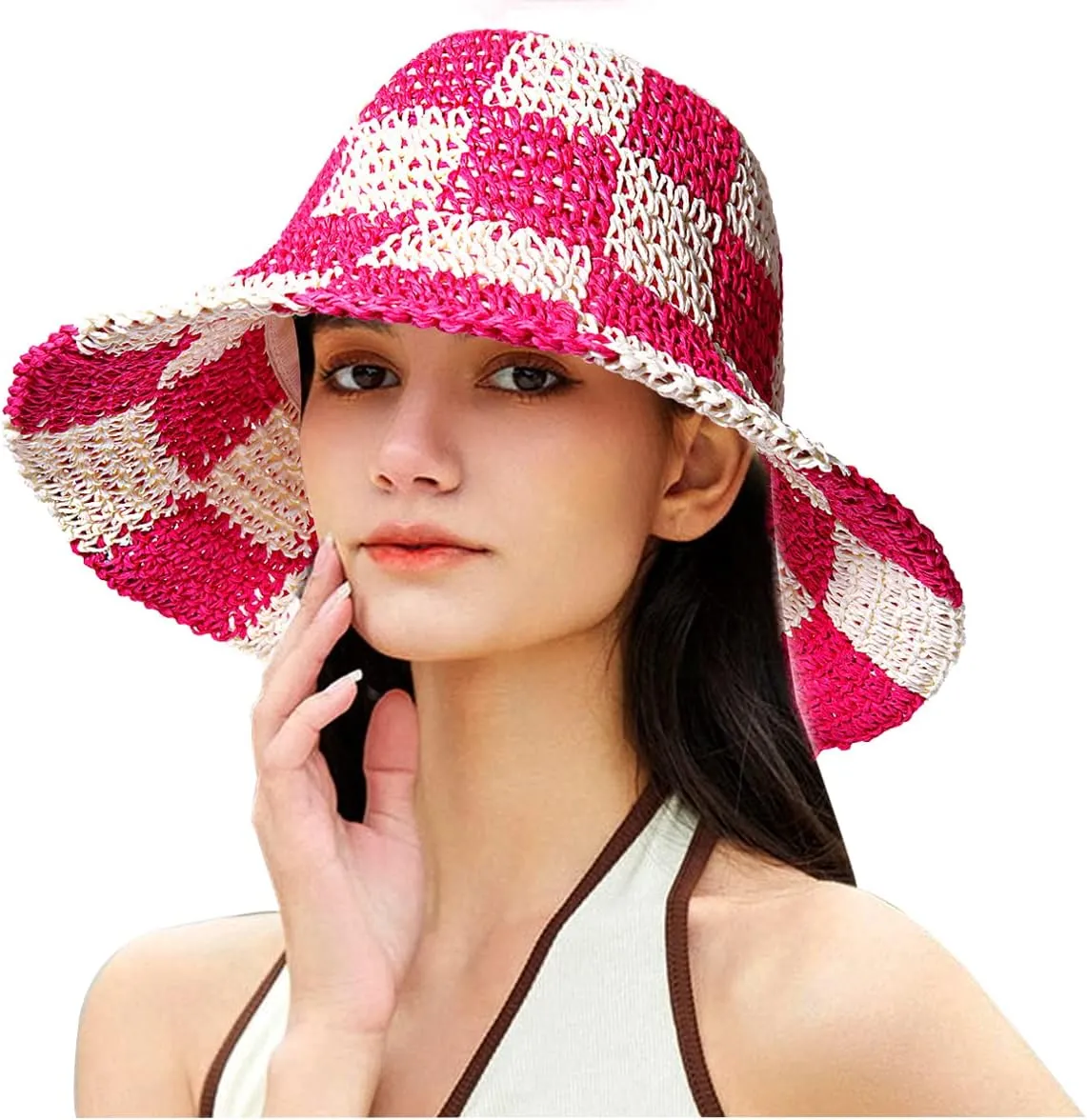 Sun Hats Checkerboard Straw Bucket Hat for Women Packable Crochet Wide Brim Floppy Beach Hats Traveling Summer Accessories