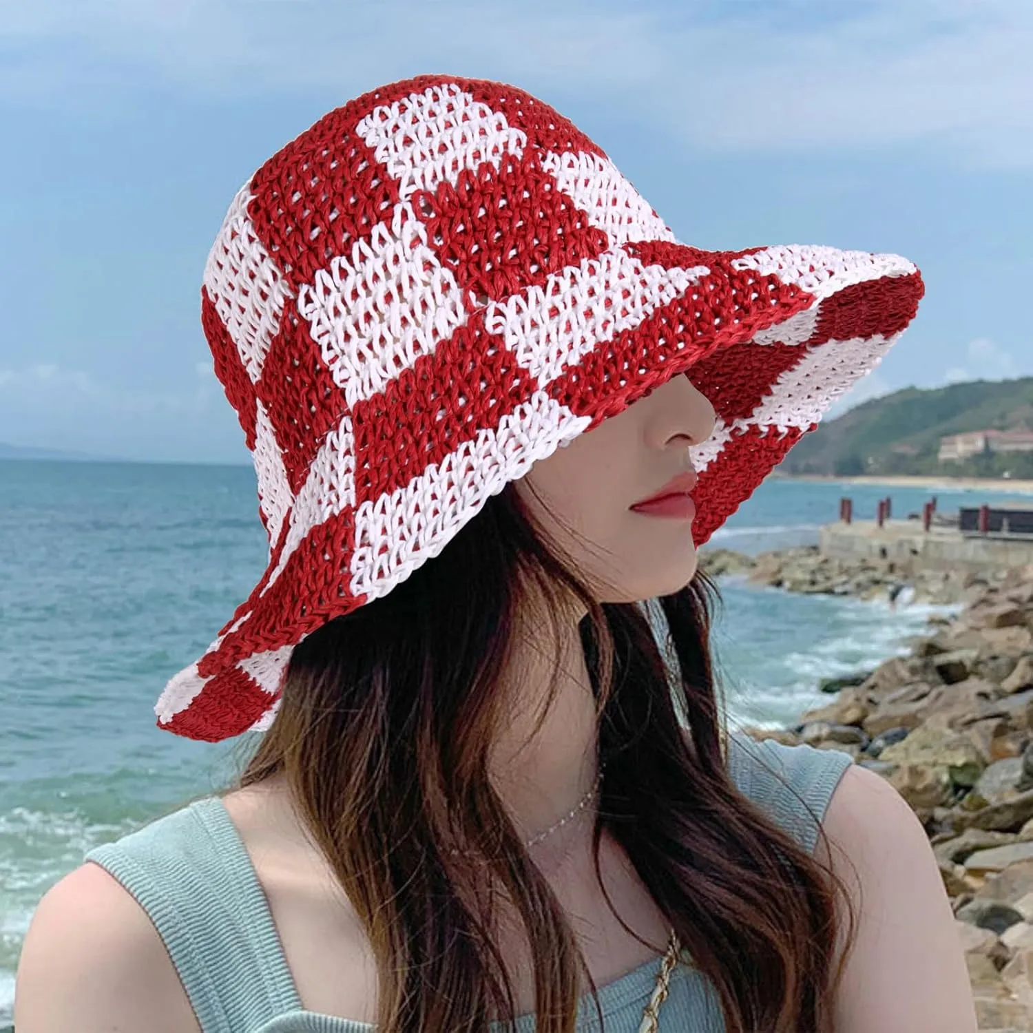 Sun Hats Checkerboard Straw Bucket Hat for Women Packable Crochet Wide Brim Floppy Beach Hats Traveling Summer Accessories