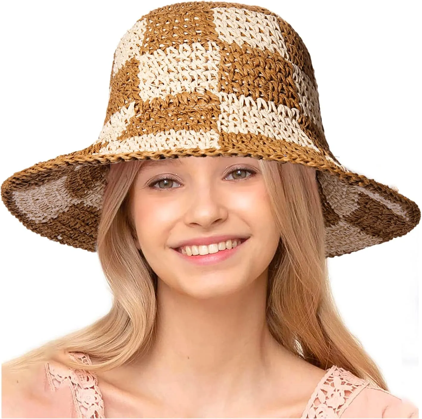 Sun Hats Checkerboard Straw Bucket Hat for Women Packable Crochet Wide Brim Floppy Beach Hats Traveling Summer Accessories