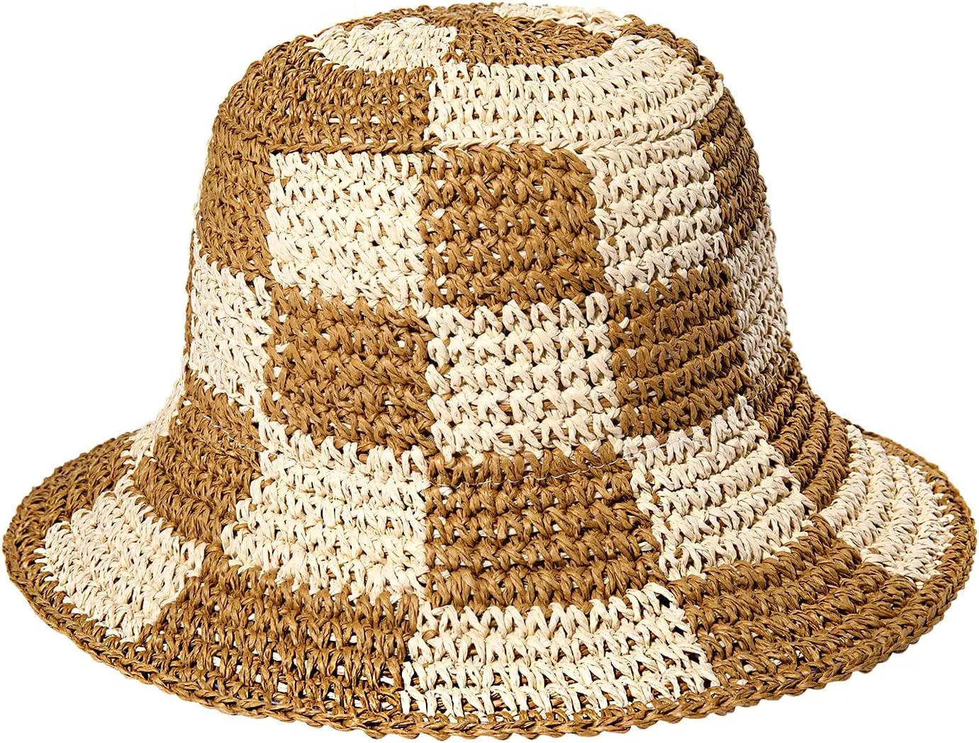 Sun Hats Checkerboard Straw Bucket Hat for Women Packable Crochet Wide Brim Floppy Beach Hats Traveling Summer Accessories
