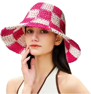 Sun Hats Checkerboard Straw Bucket Hat for Women Packable Crochet Wide Brim Floppy Beach Hats Traveling Summer Accessories