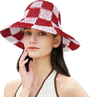 Sun Hats Checkerboard Straw Bucket Hat for Women Packable Crochet Wide Brim Floppy Beach Hats Traveling Summer Accessories