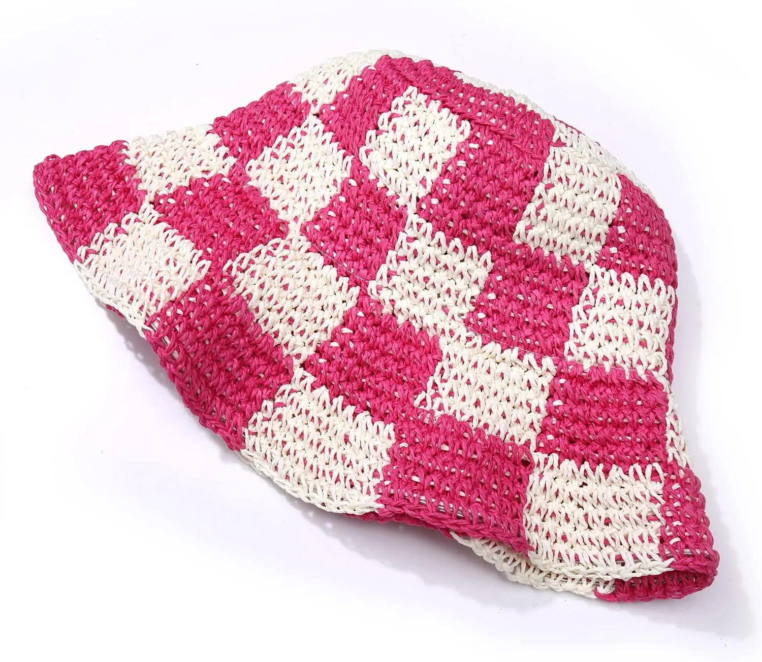 Sun Hats Checkerboard Straw Bucket Hat for Women Packable Crochet Wide Brim Floppy Beach Hats Traveling Summer Accessories