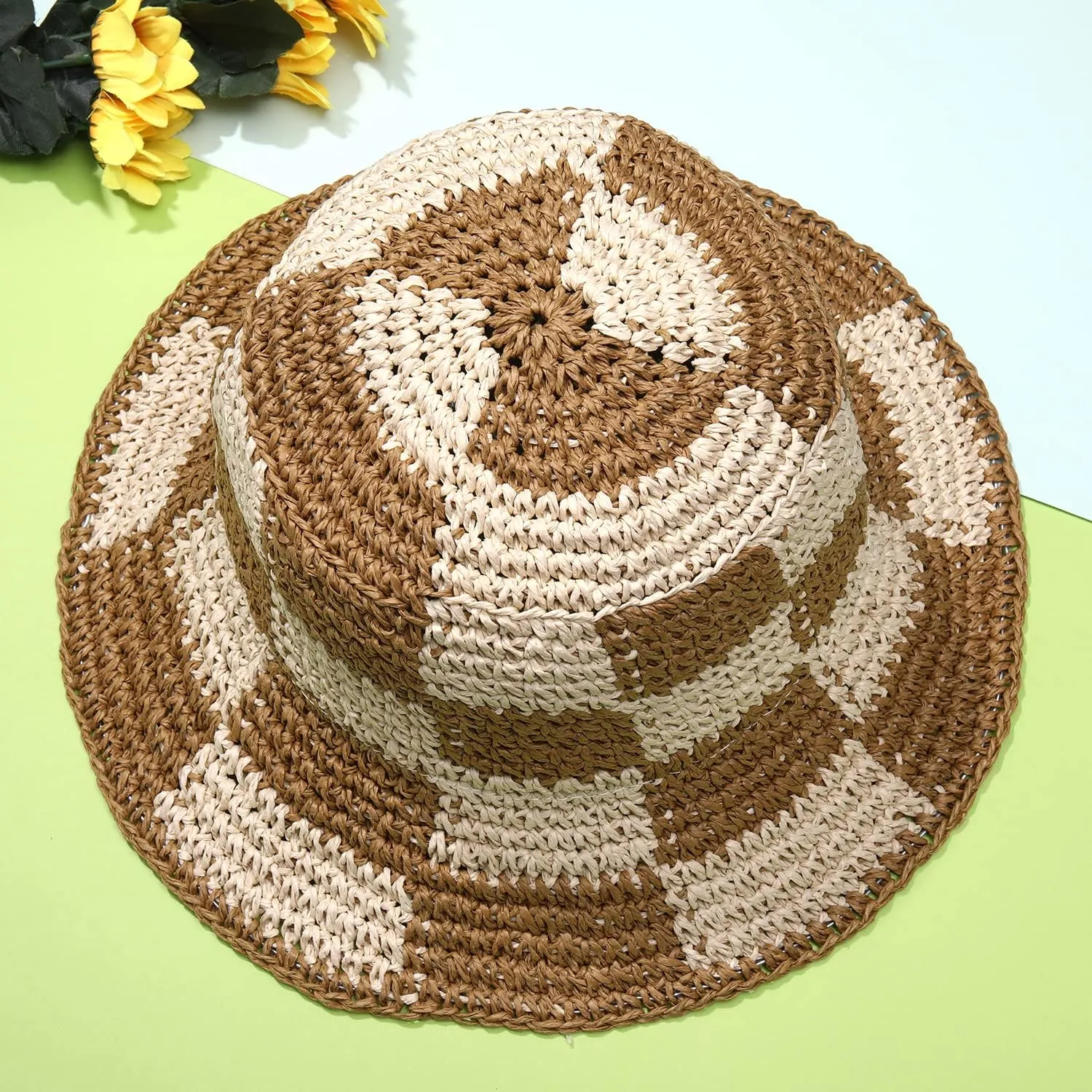 Sun Hats Checkerboard Straw Bucket Hat for Women Packable Crochet Wide Brim Floppy Beach Hats Traveling Summer Accessories