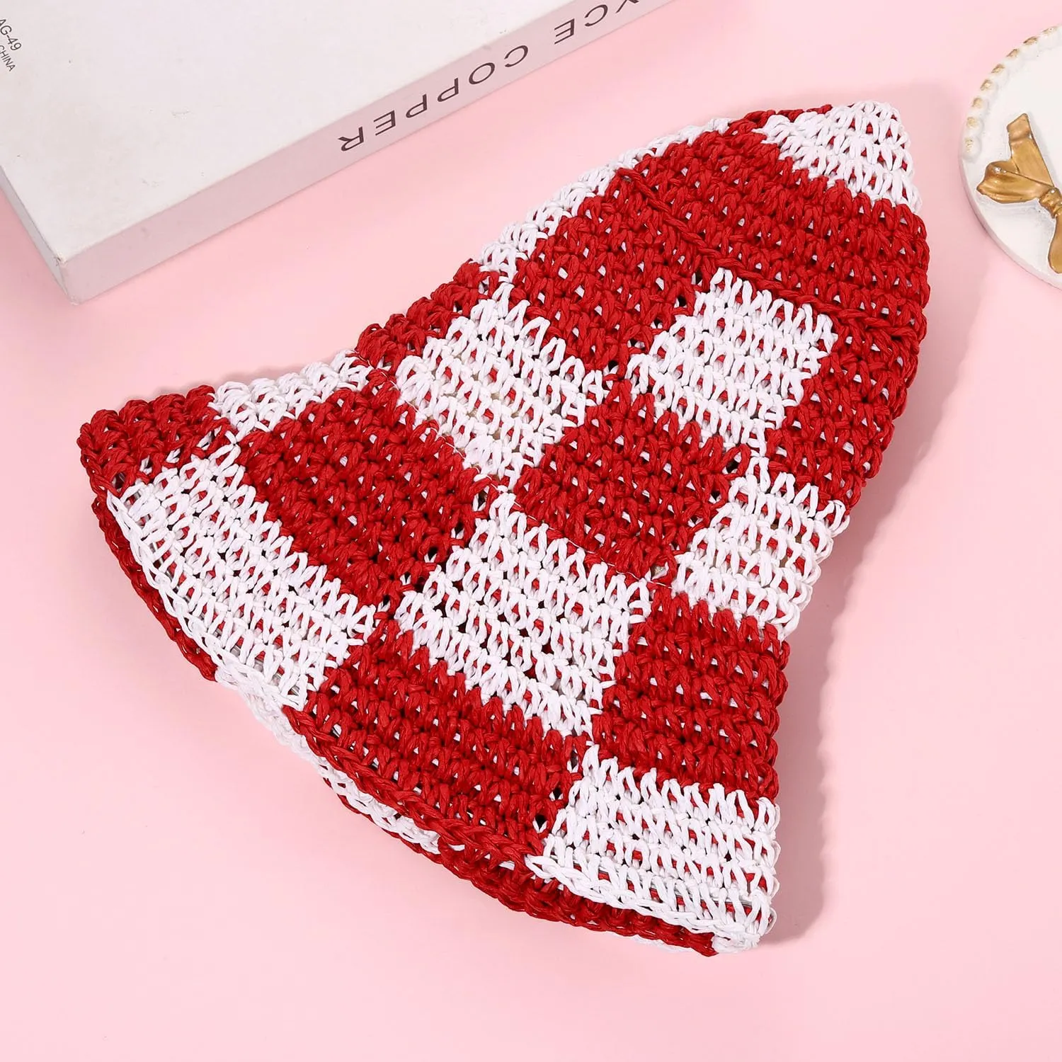 Sun Hats Checkerboard Straw Bucket Hat for Women Packable Crochet Wide Brim Floppy Beach Hats Traveling Summer Accessories