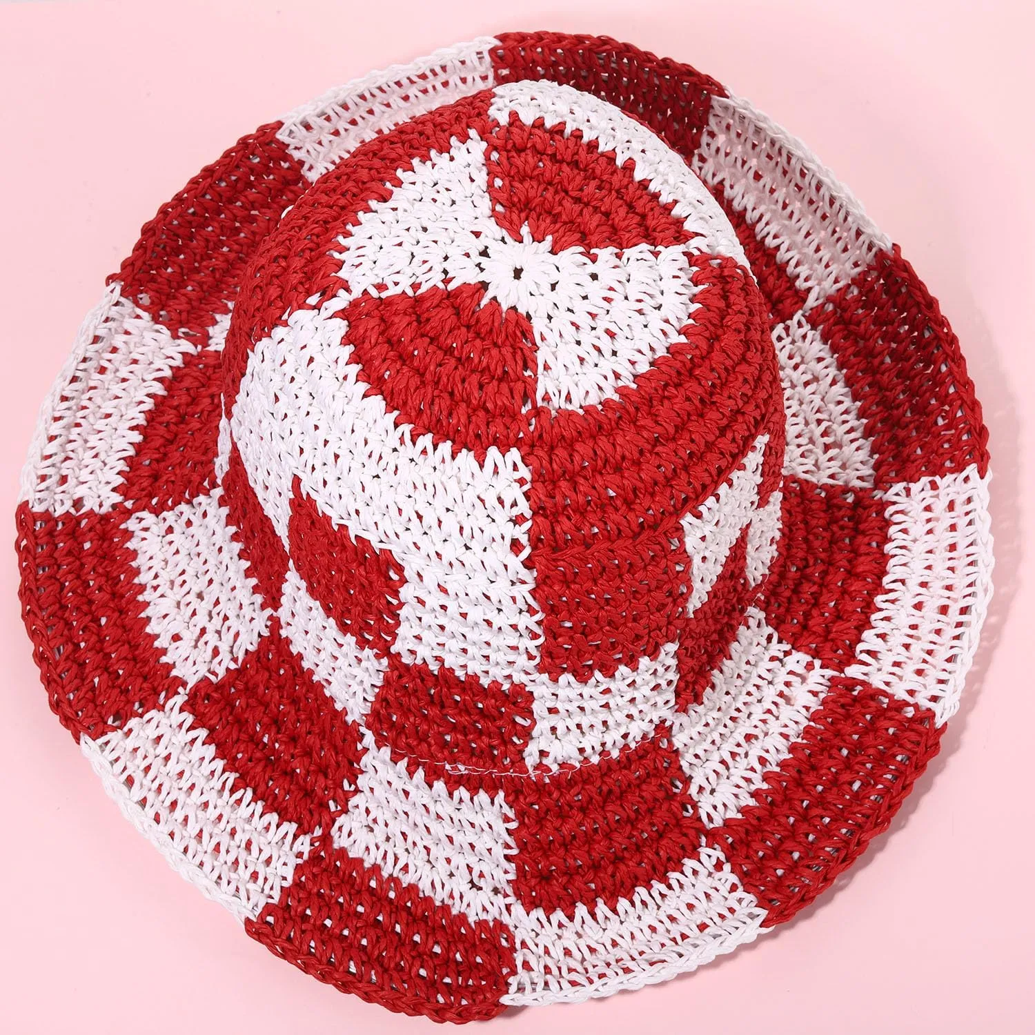 Sun Hats Checkerboard Straw Bucket Hat for Women Packable Crochet Wide Brim Floppy Beach Hats Traveling Summer Accessories