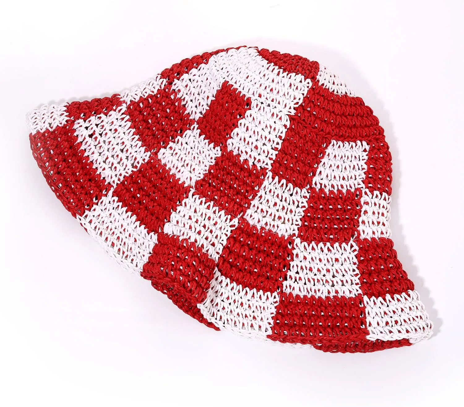 Sun Hats Checkerboard Straw Bucket Hat for Women Packable Crochet Wide Brim Floppy Beach Hats Traveling Summer Accessories