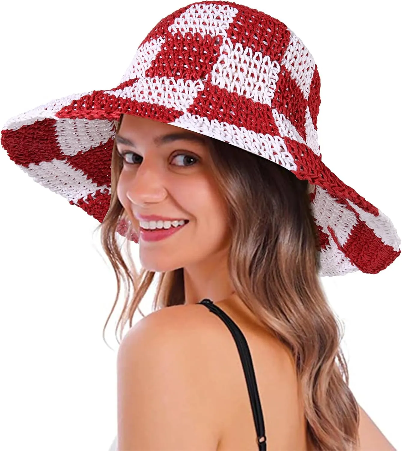 Sun Hats Checkerboard Straw Bucket Hat for Women Packable Crochet Wide Brim Floppy Beach Hats Traveling Summer Accessories