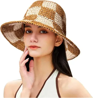 Sun Hats Checkerboard Straw Bucket Hat for Women Packable Crochet Wide Brim Floppy Beach Hats Traveling Summer Accessories