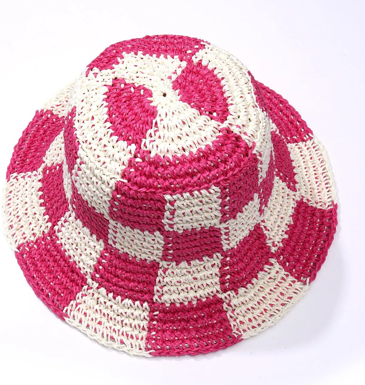 Sun Hats Checkerboard Straw Bucket Hat for Women Packable Crochet Wide Brim Floppy Beach Hats Traveling Summer Accessories