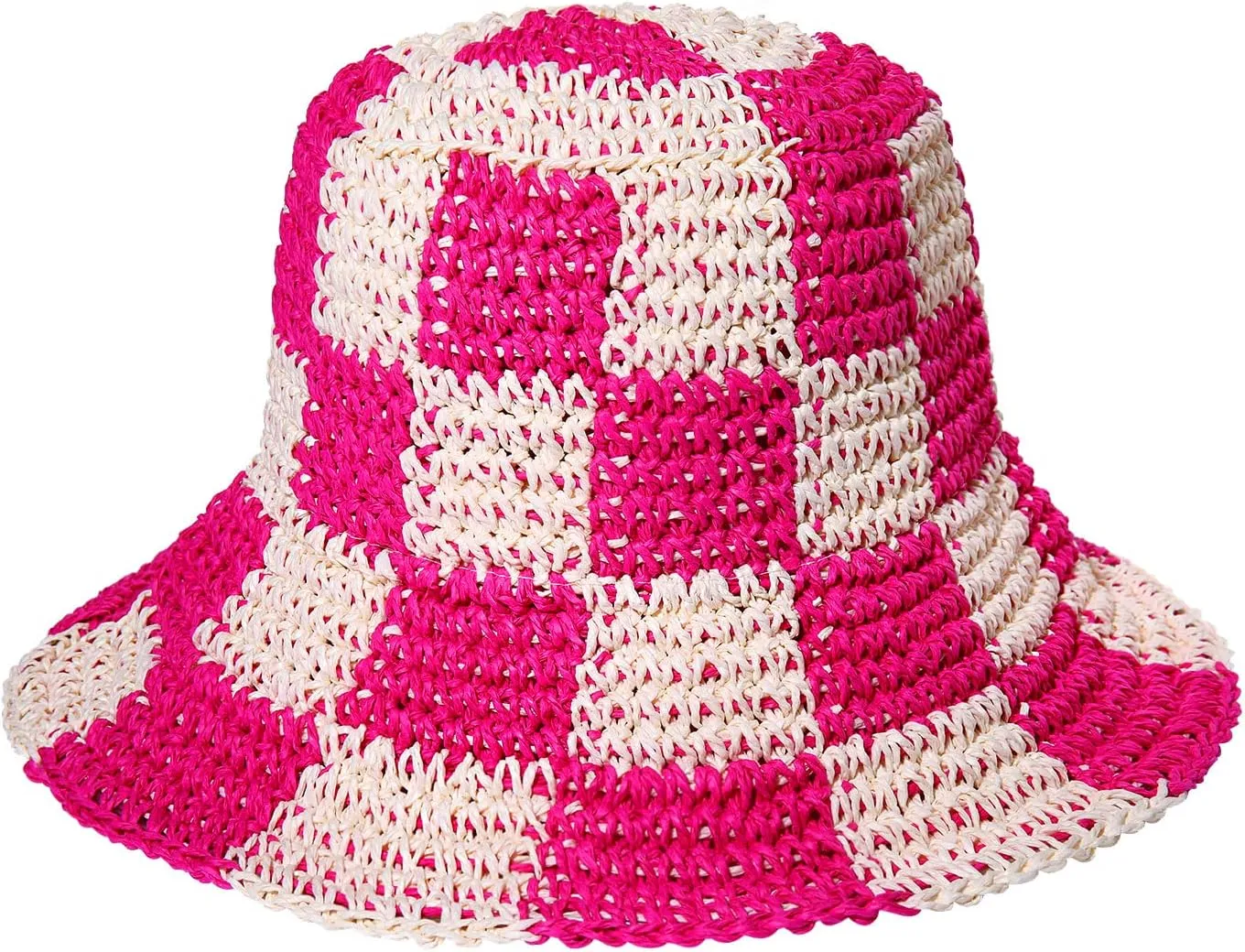 Sun Hats Checkerboard Straw Bucket Hat for Women Packable Crochet Wide Brim Floppy Beach Hats Traveling Summer Accessories