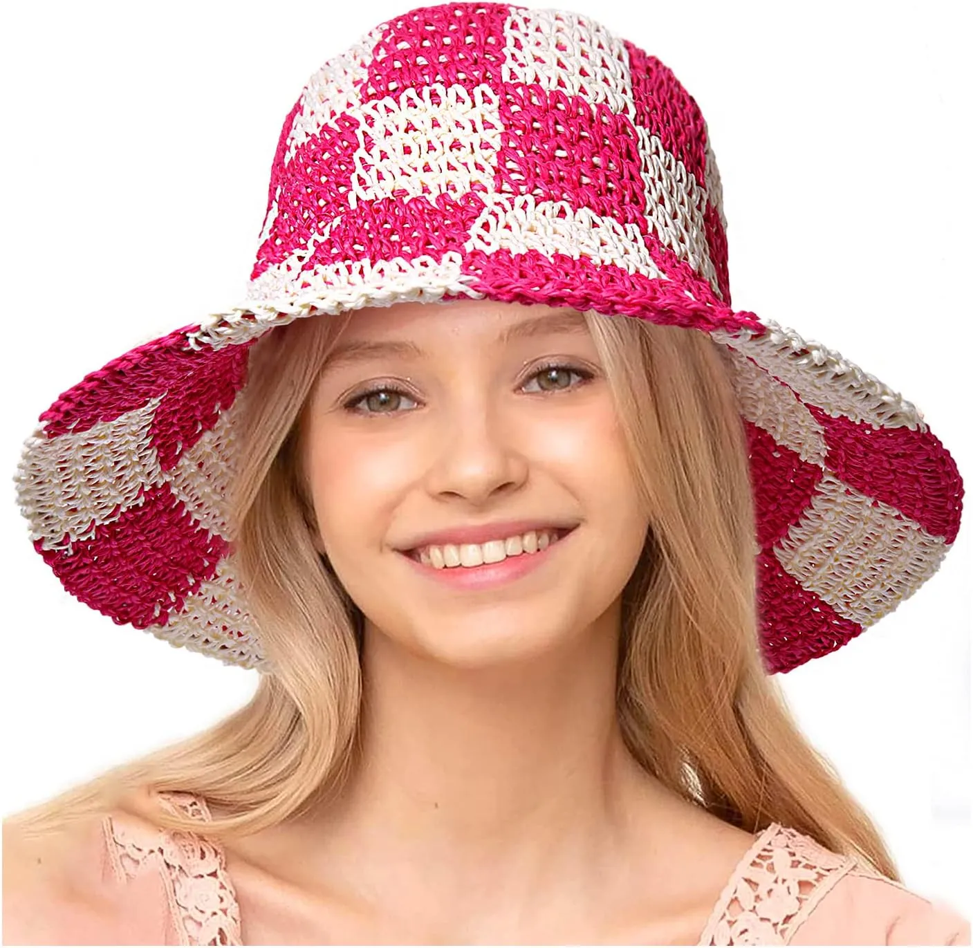 Sun Hats Checkerboard Straw Bucket Hat for Women Packable Crochet Wide Brim Floppy Beach Hats Traveling Summer Accessories