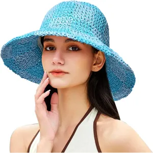 Sun Hats Checkerboard Straw Bucket Hat for Women Packable Crochet Wide Brim Floppy Beach Hats Traveling Summer Accessories
