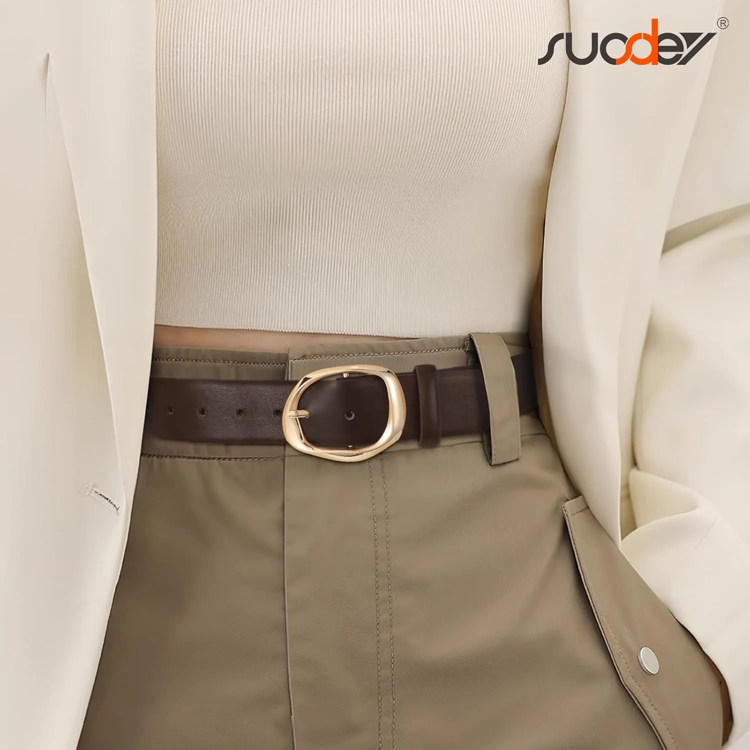 SUOSDEY Leather Belts for Women, Ladies Waist Belt with Liquid Shape Buckle for Jeans Pants Dresses,1.4" width