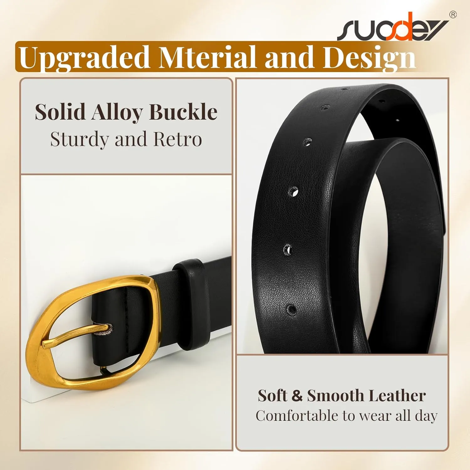 SUOSDEY Leather Belts for Women, Ladies Waist Belt with Liquid Shape Buckle for Jeans Pants Dresses,1.4" width