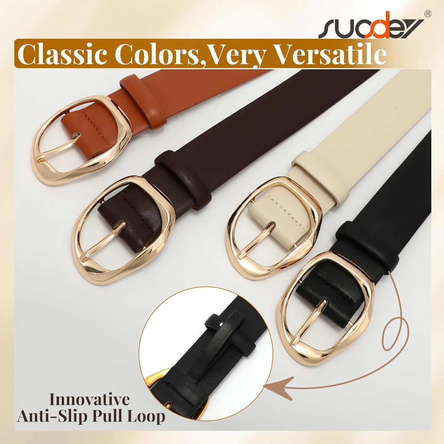 SUOSDEY Leather Belts for Women, Ladies Waist Belt with Liquid Shape Buckle for Jeans Pants Dresses,1.4" width