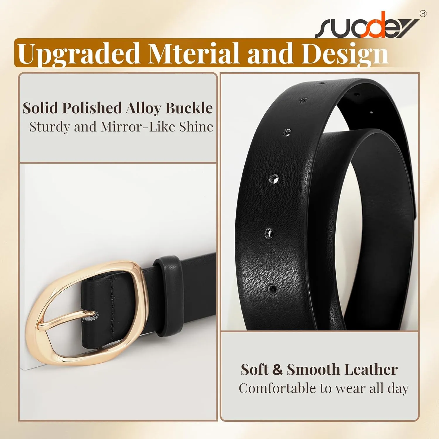 SUOSDEY Leather Belts for Women, Ladies Waist Belt with Liquid Shape Buckle for Jeans Pants Dresses,1.4" width