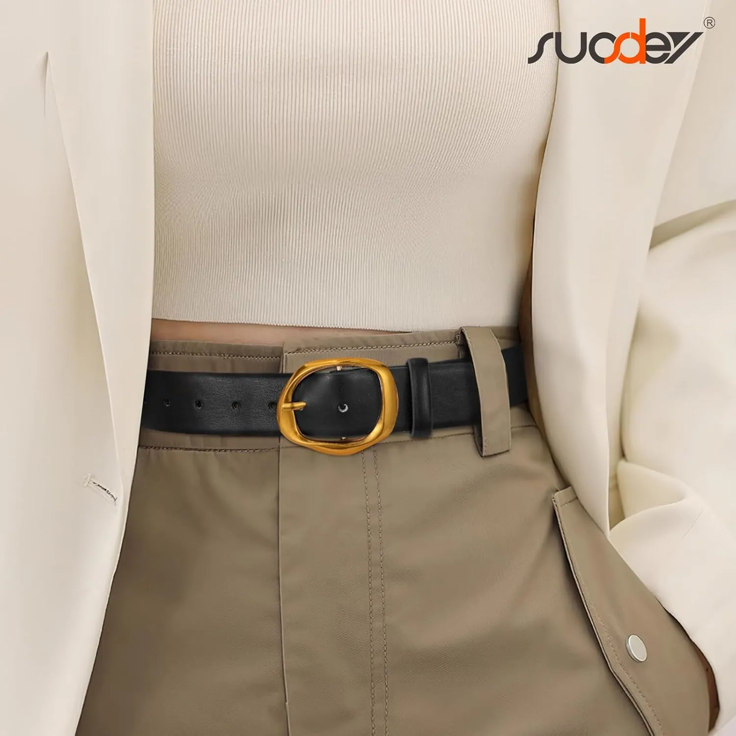 SUOSDEY Leather Belts for Women, Ladies Waist Belt with Liquid Shape Buckle for Jeans Pants Dresses,1.4" width