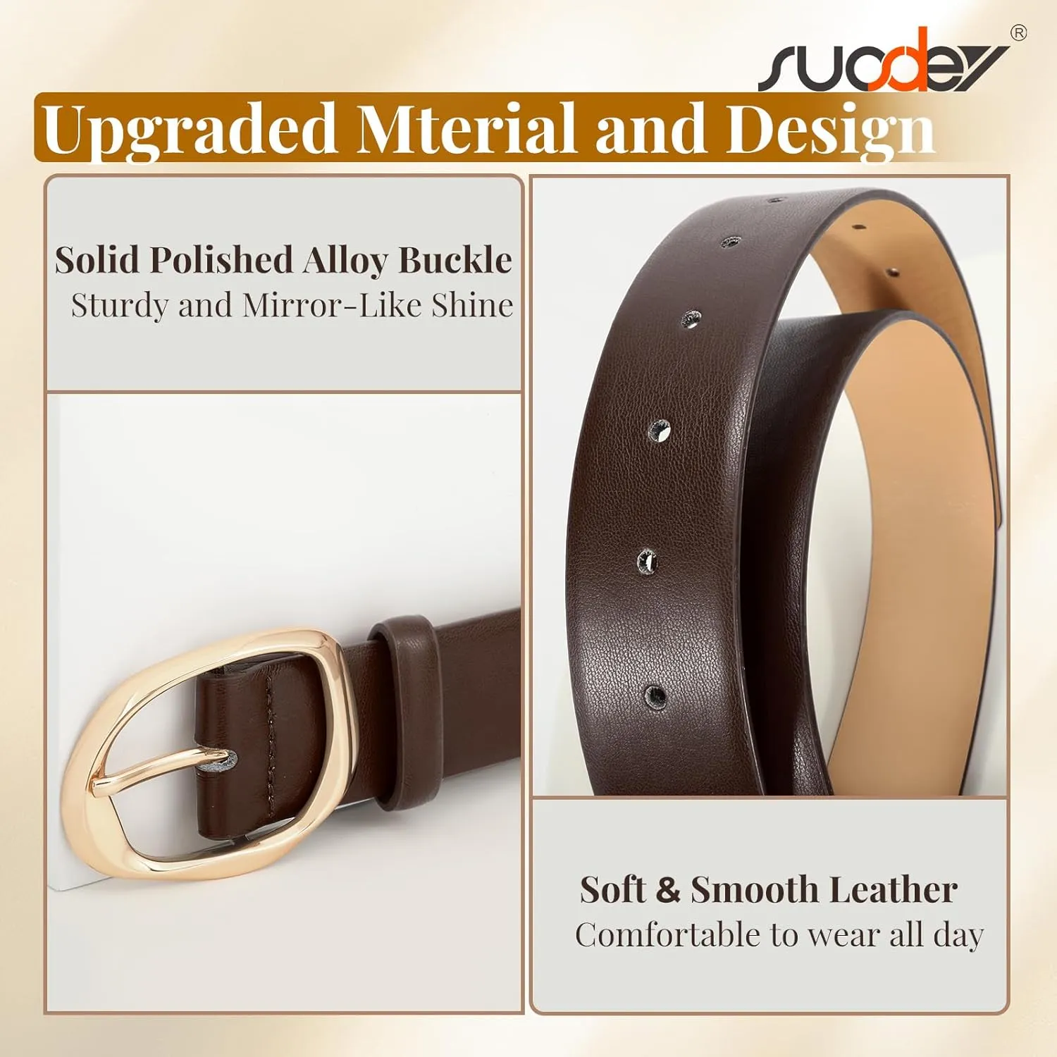 SUOSDEY Leather Belts for Women, Ladies Waist Belt with Liquid Shape Buckle for Jeans Pants Dresses,1.4" width