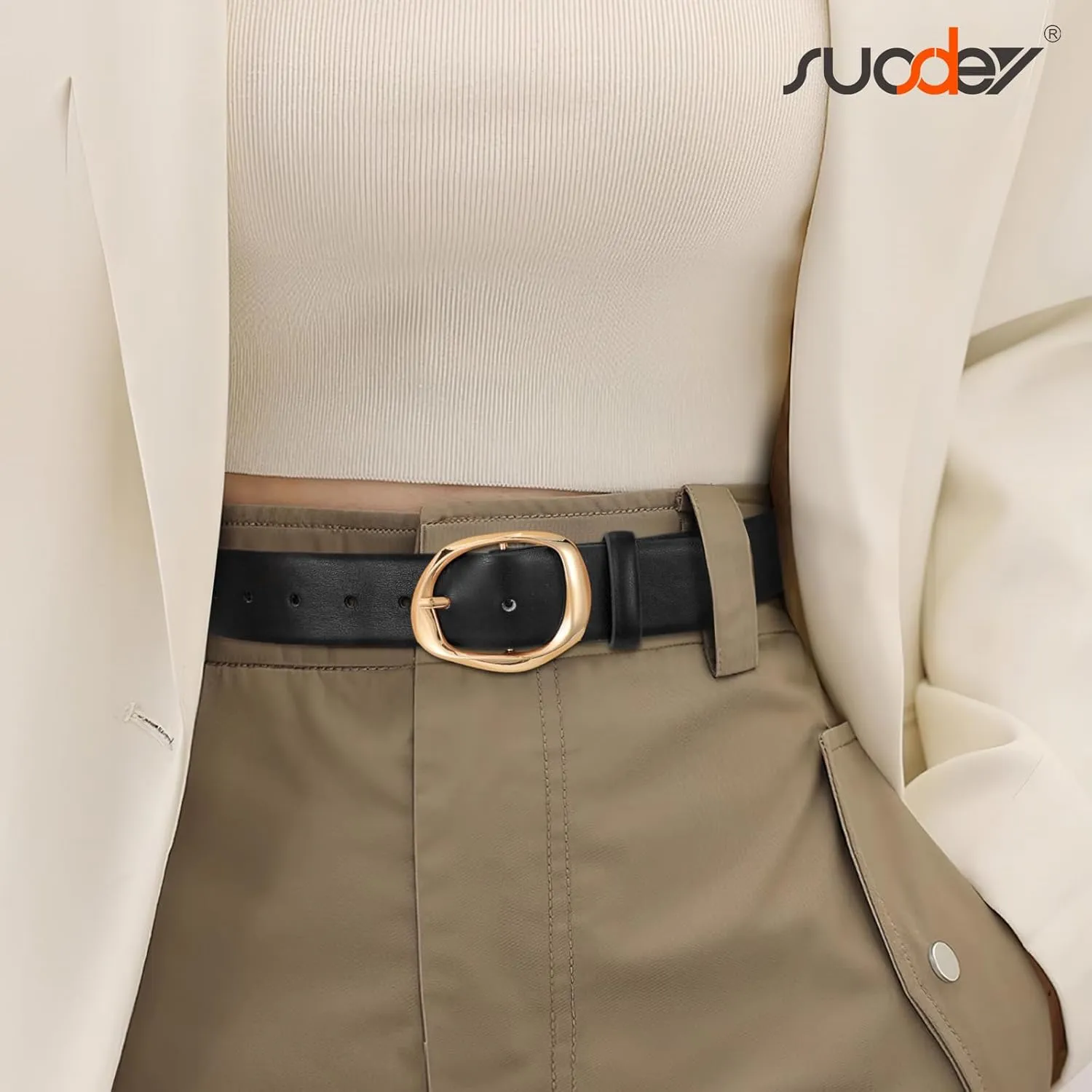 SUOSDEY Leather Belts for Women, Ladies Waist Belt with Liquid Shape Buckle for Jeans Pants Dresses,1.4" width