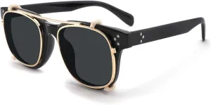 Technigadgets Yael Clip-On Polarized Vintage Round Sun Glasses - Mens Outdoor Fashion Eyewear For Driving Fishing Biking - UV Protection - Black/Black