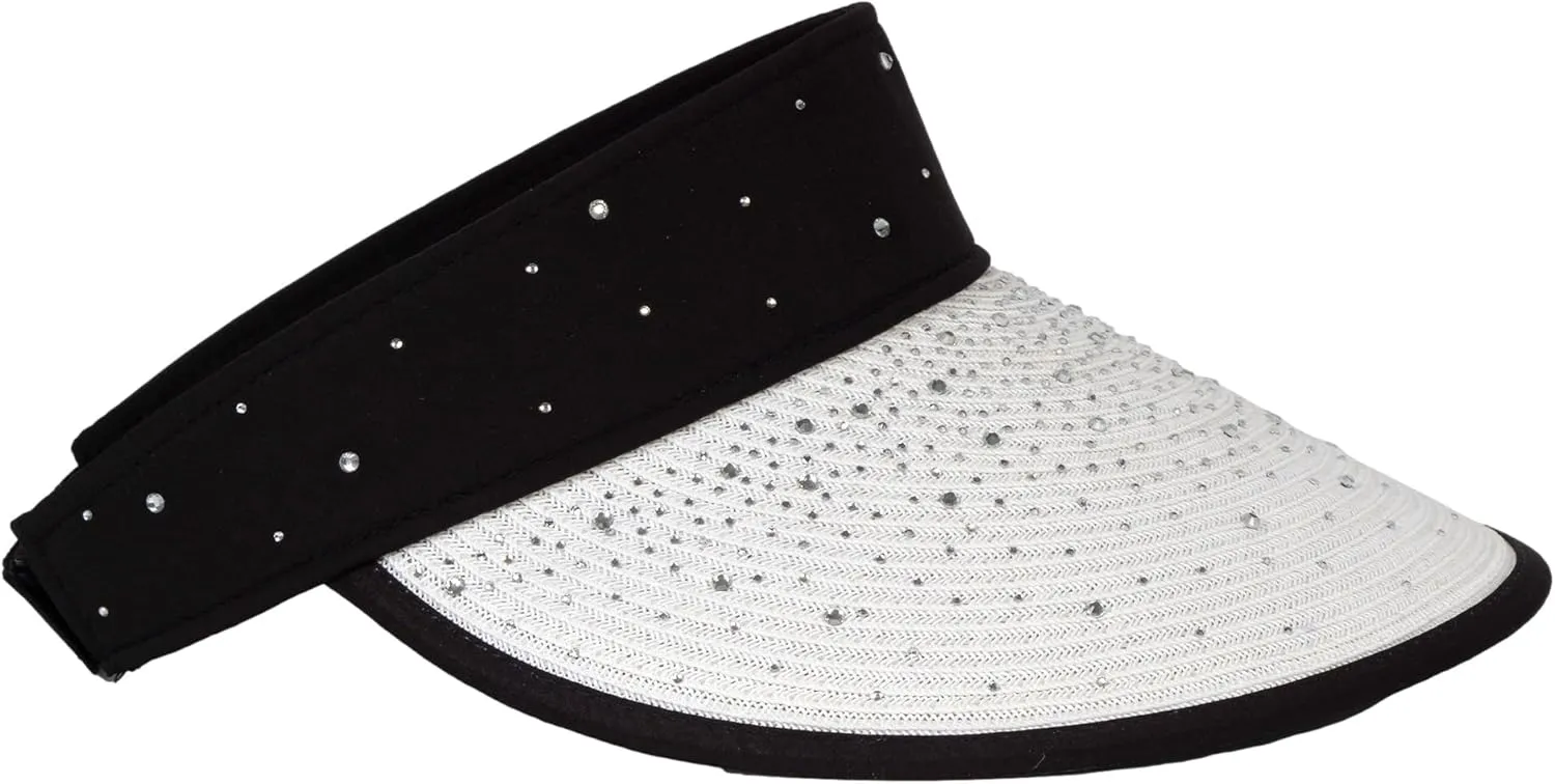 TOP HEADWEAR Women's Studded Visor - Paper Braid Crystal Hat 5 Inch Wide Brim